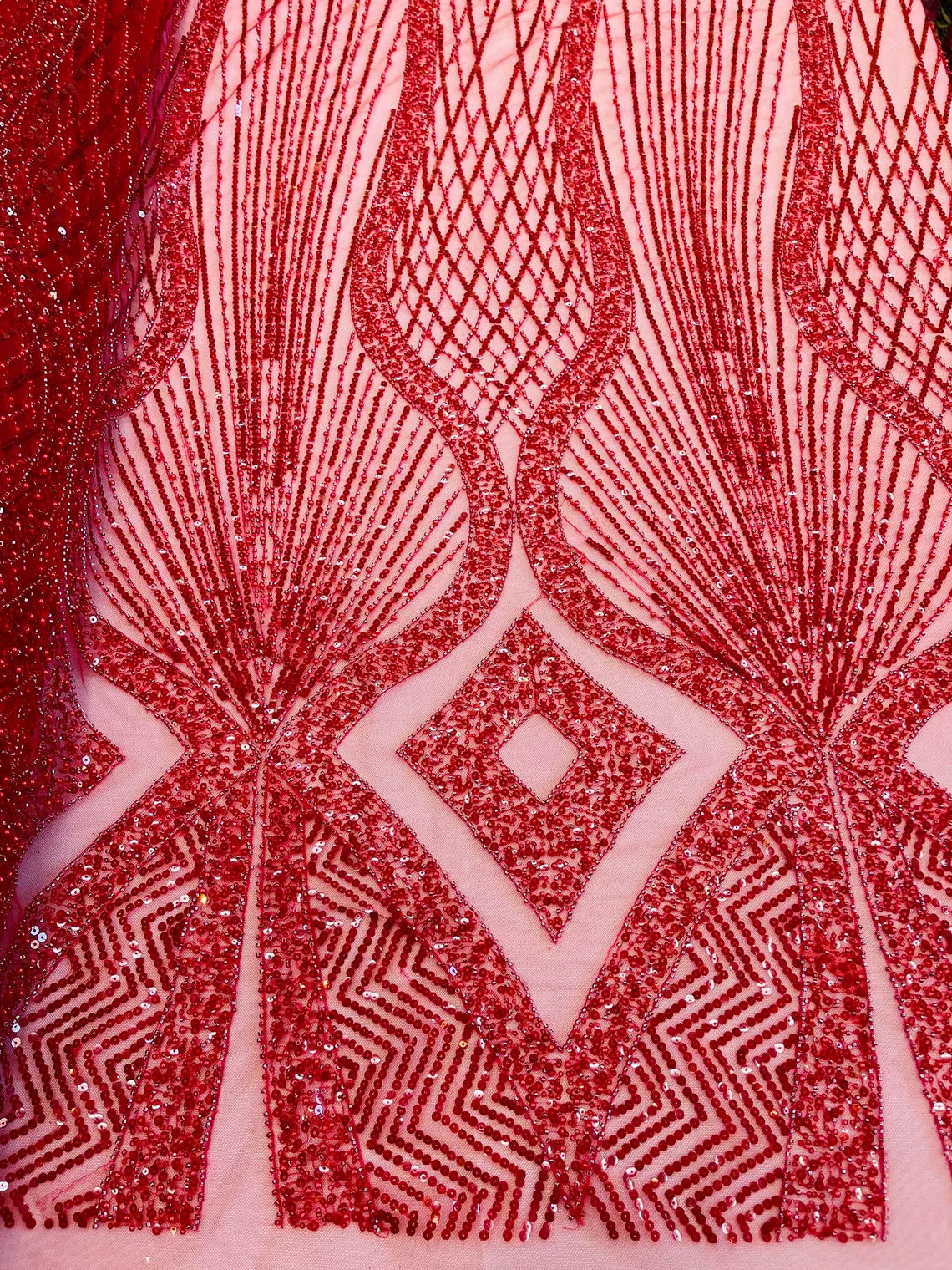 Beaded Diamond Design Fabric - Red - Beaded Embroidered Diamond Zig Zag Design on Mesh By Yard