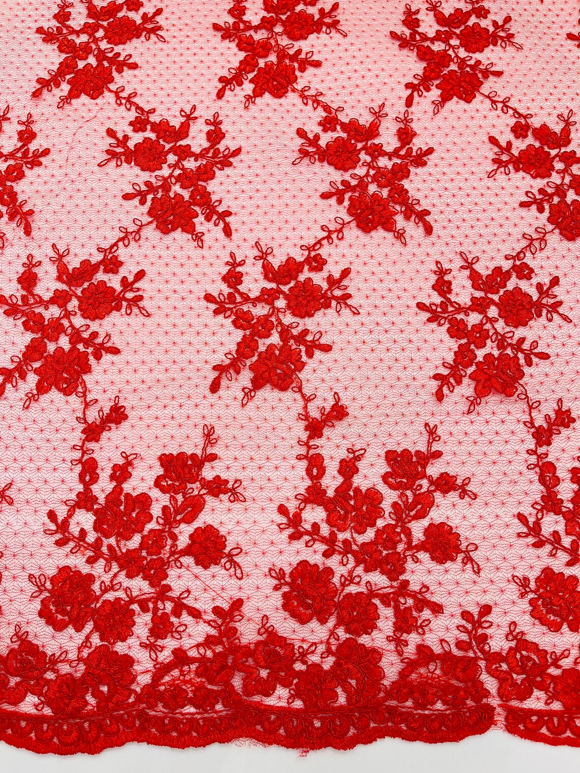Embroidered Corded Lace Fabric - Red - Cluster Fancy Flower Embroidered Lace Fabric By Yard