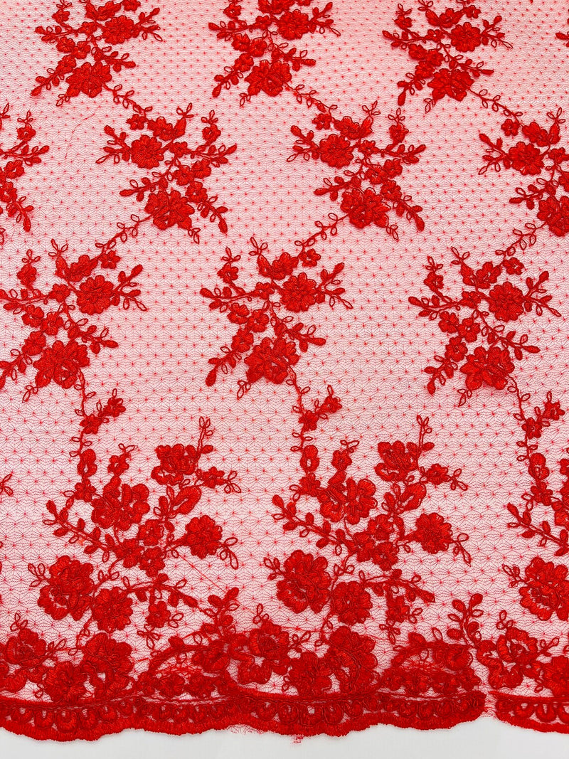 Embroidered Corded Lace Fabric - Red - Cluster Fancy Flower Embroidered Lace Fabric By Yard