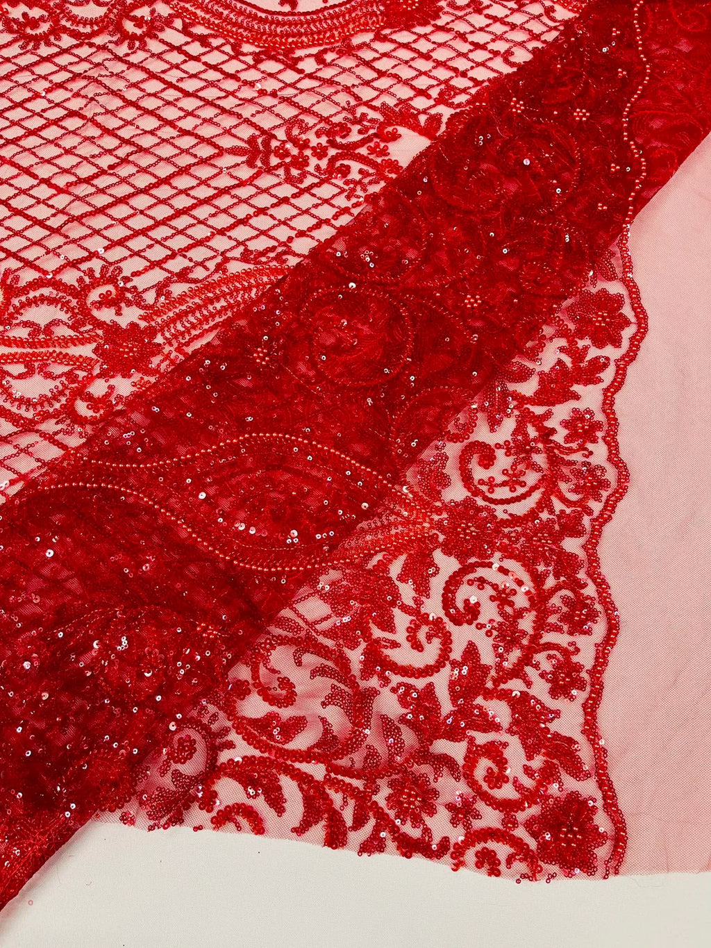 Bead Fashion Damask Fabric - Red - Beaded Sequins Geometric Design on Mesh Sold By Yard