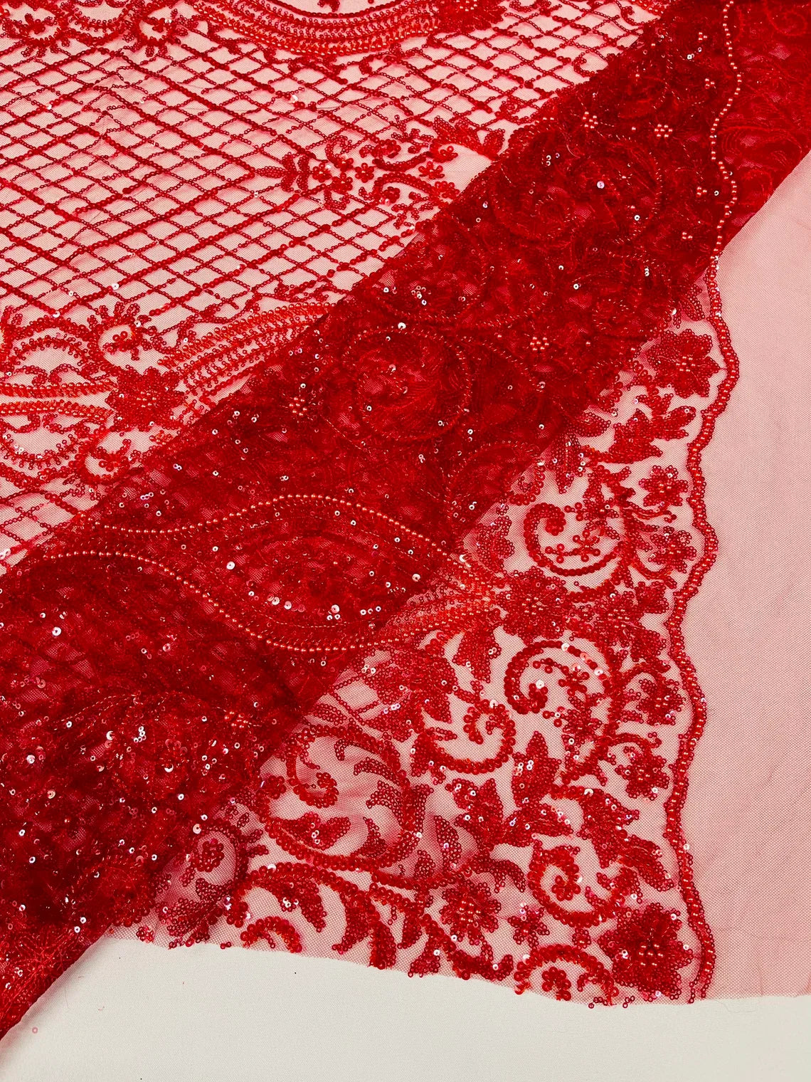 Bead Fashion Damask Fabric - Red - Beaded Sequins Geometric Design on Mesh Sold By Yard