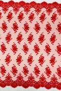 Floral Damask Lace Fabric - Red - Embroidered Damask Flowers on Lace Fabric By Yard
