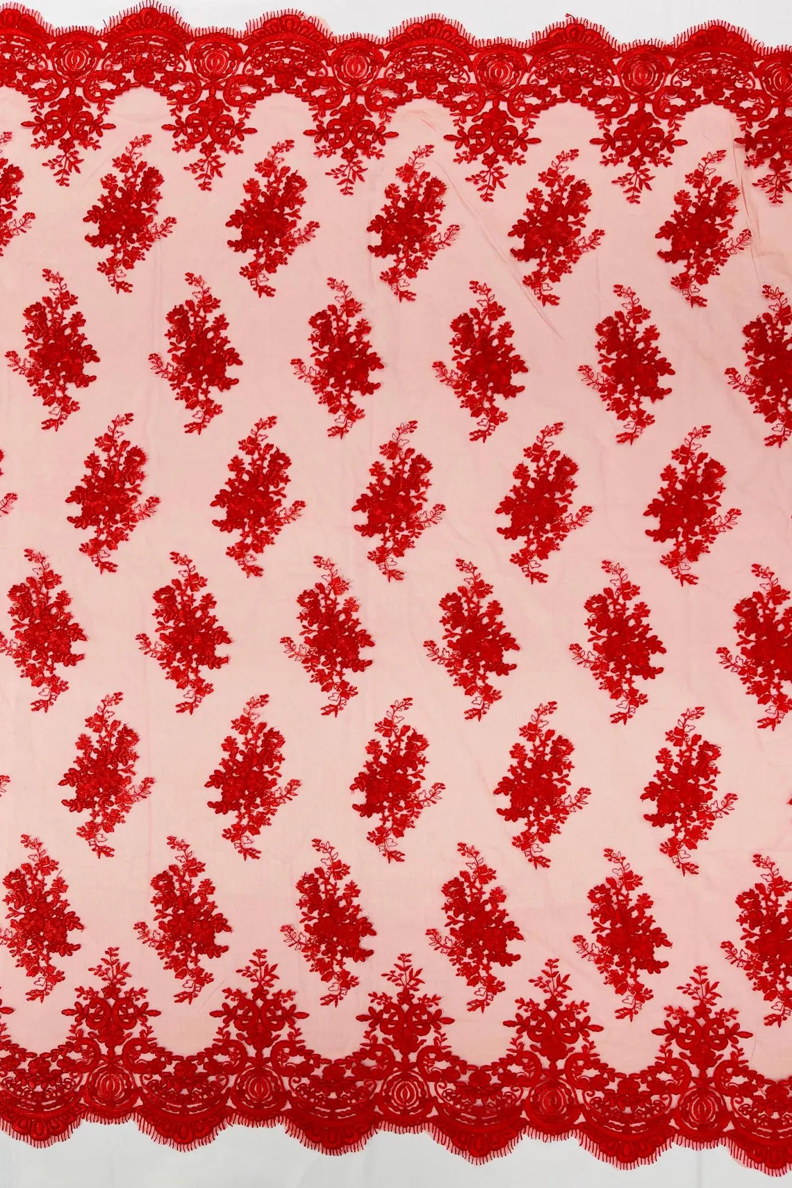 Floral Damask Lace Fabric - Red - Embroidered Damask Flowers on Lace Fabric By Yard