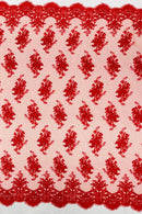 Floral Damask Lace Fabric - Red - Embroidered Damask Flowers on Lace Fabric By Yard