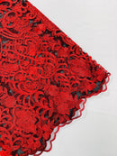 Fancy Damask Lace Fabric - Red on Black - Embroidered Damask Design Mesh on Lace Fabric by Yard