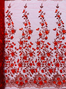 3D Flower Glitter Fabric - Red - Floral Glitter Sequin Design on Lace Mesh Fabric by Yard