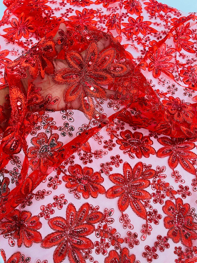 Corded Lace Floral Fabric - Red - Hologram Sequins Metallic Thread Floral Fabric by Yard