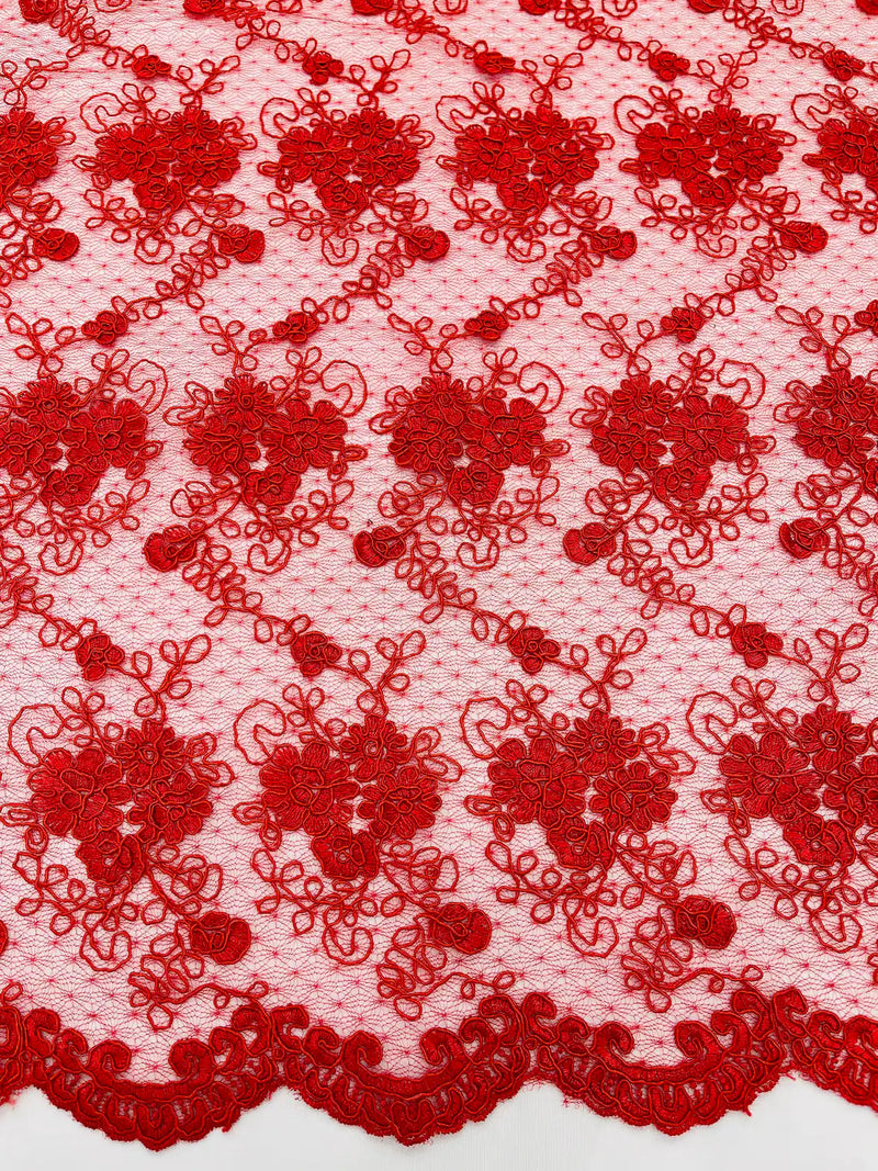 Embroidered Flower Fabric - Red - Floral Design Scalloped Border Fabric By Yard