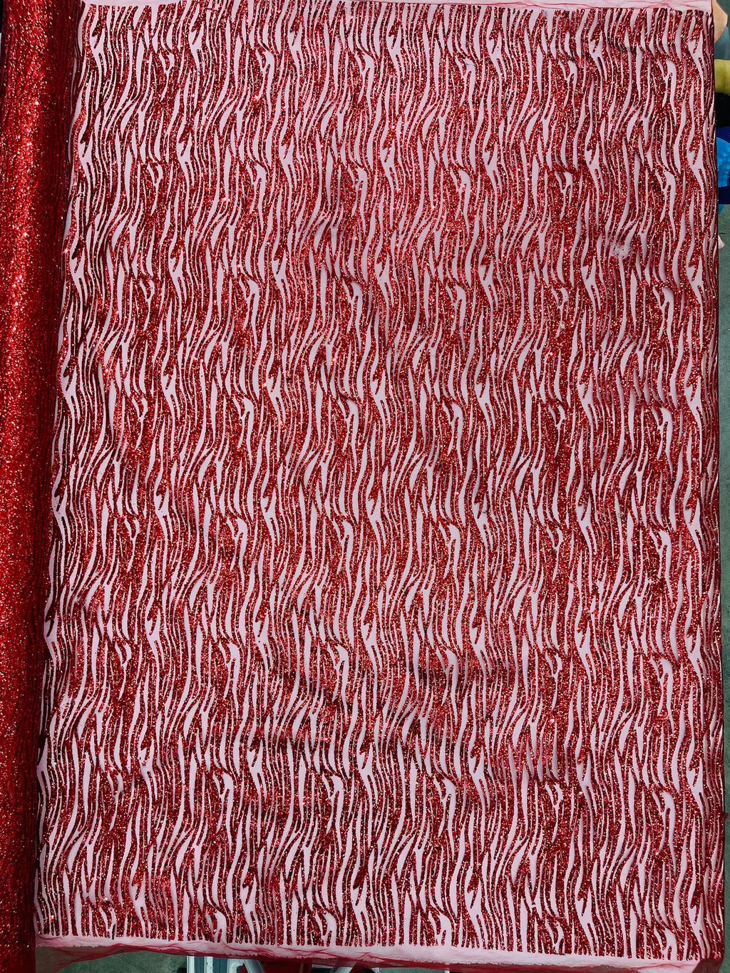 Zebra Stripe Glitter Fabric - Red - Glitter Design Zebra Lines on Lace Fabric By Yard