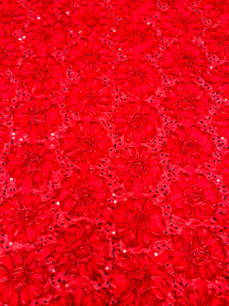 Satin Rosette Sequins Fabric - Red - 3D Rosette Satin Rose Fabric with Sequins By Yard