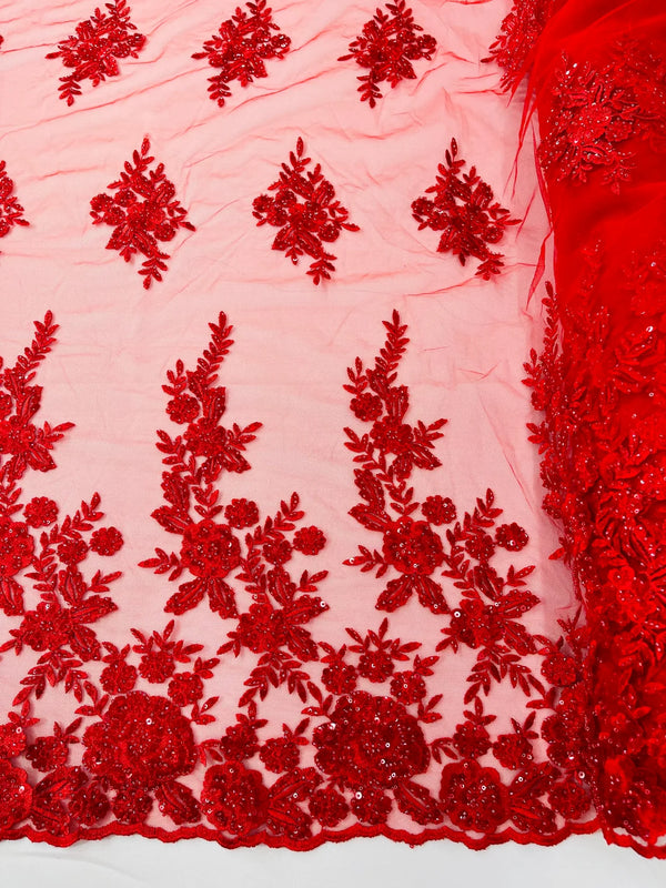 Beaded Rose Flower Fabric - Red - Embroidered Beaded Long Border Floral Fabric By Yard