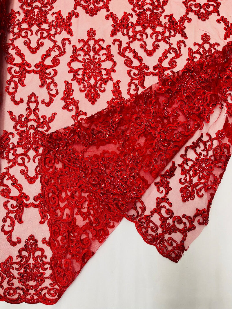 Butterfly Bead Sequins Fabric - Red - Damask Beaded Sequins Lace Fabric by the yard