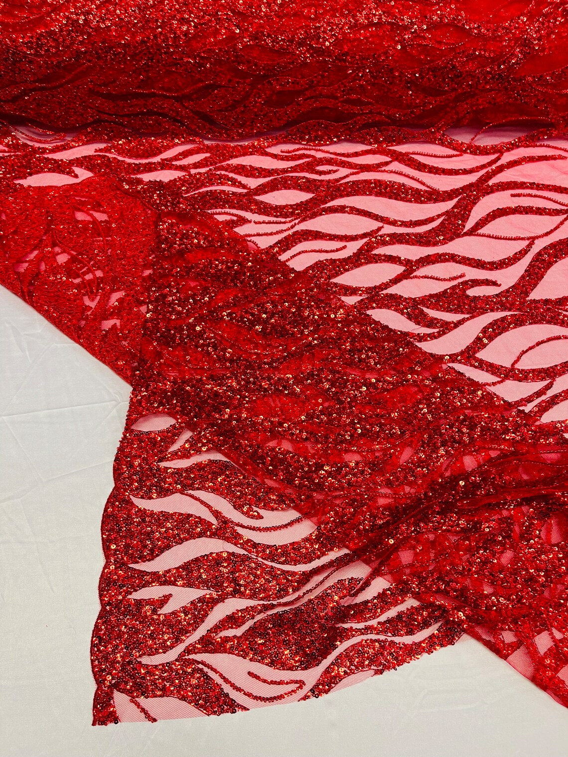 Fire Flames Design Bead Fabric - Red - Beaded Embroidered Fire Pattern Fabric By Yard