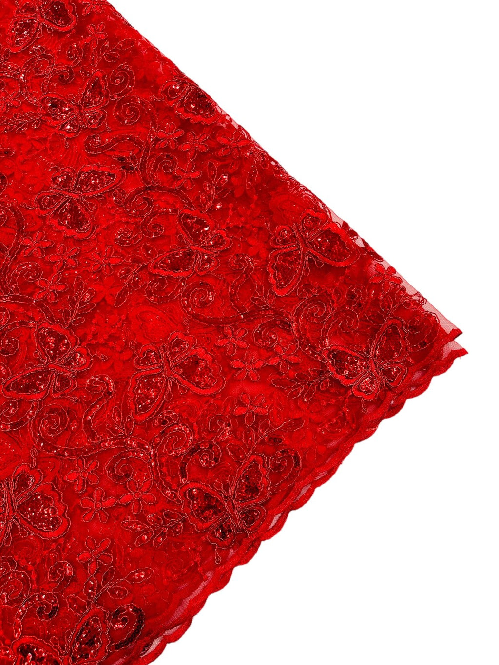 Butterfly Sequins Fabric - Red - Metallic Floral Butterfly Design on Lace Fabric By Yard