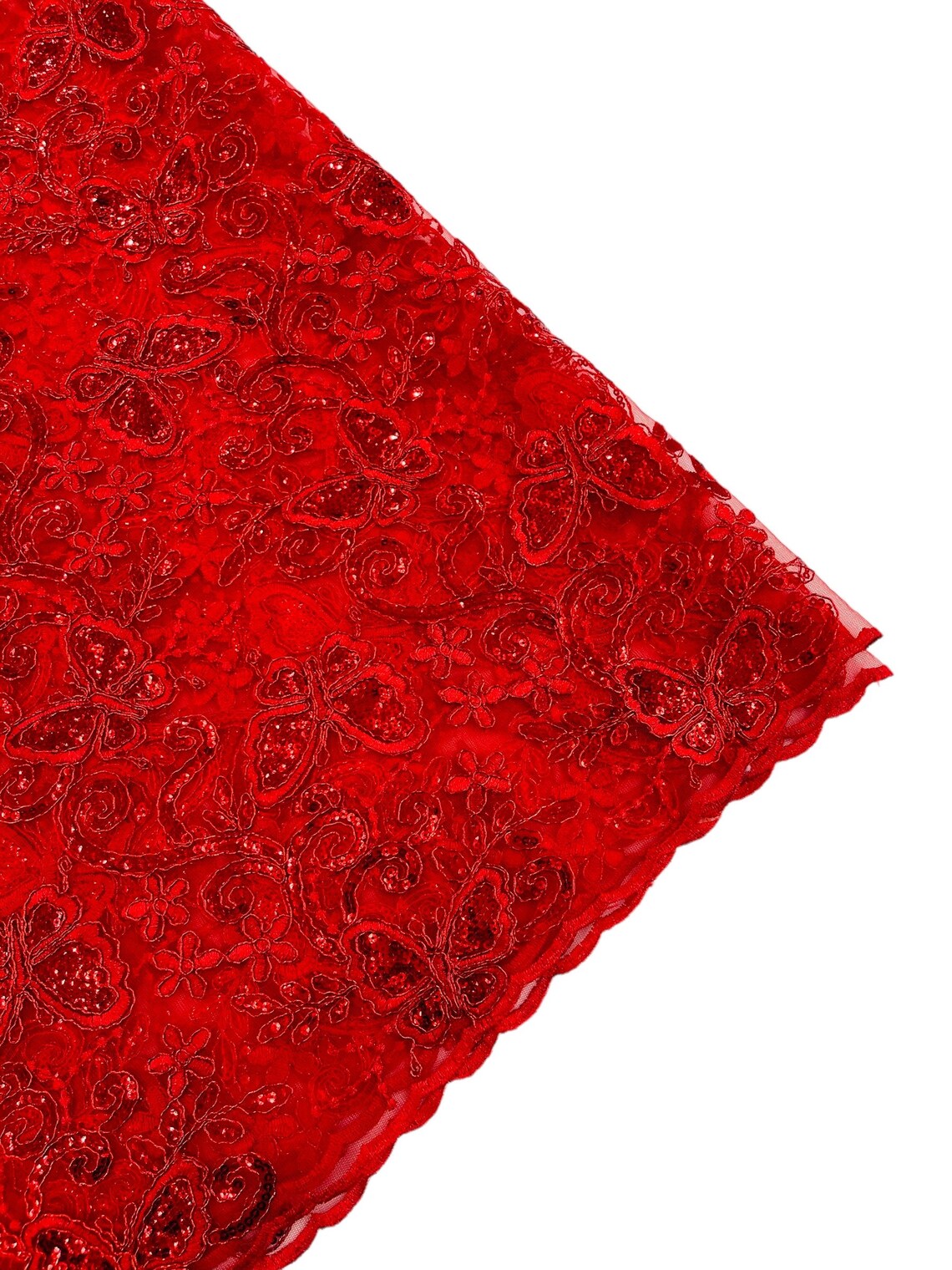 Butterfly Sequins Fabric - Red - Metallic Floral Butterfly Design on Lace Fabric By Yard