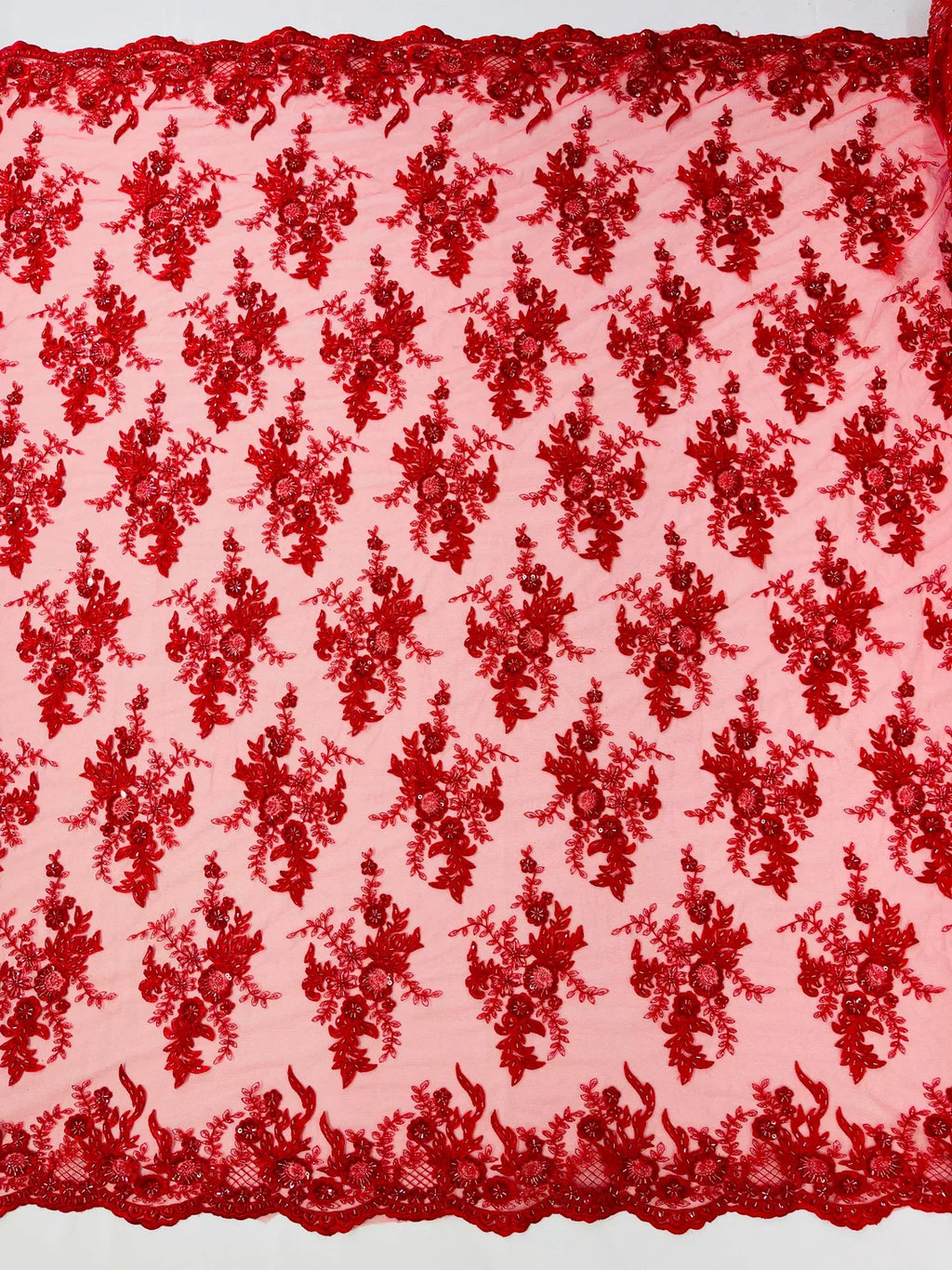 Beaded Flower Sequins Fabric - Red - Embroidered Beaded Floral Clusters Sequins Fabric By Yard