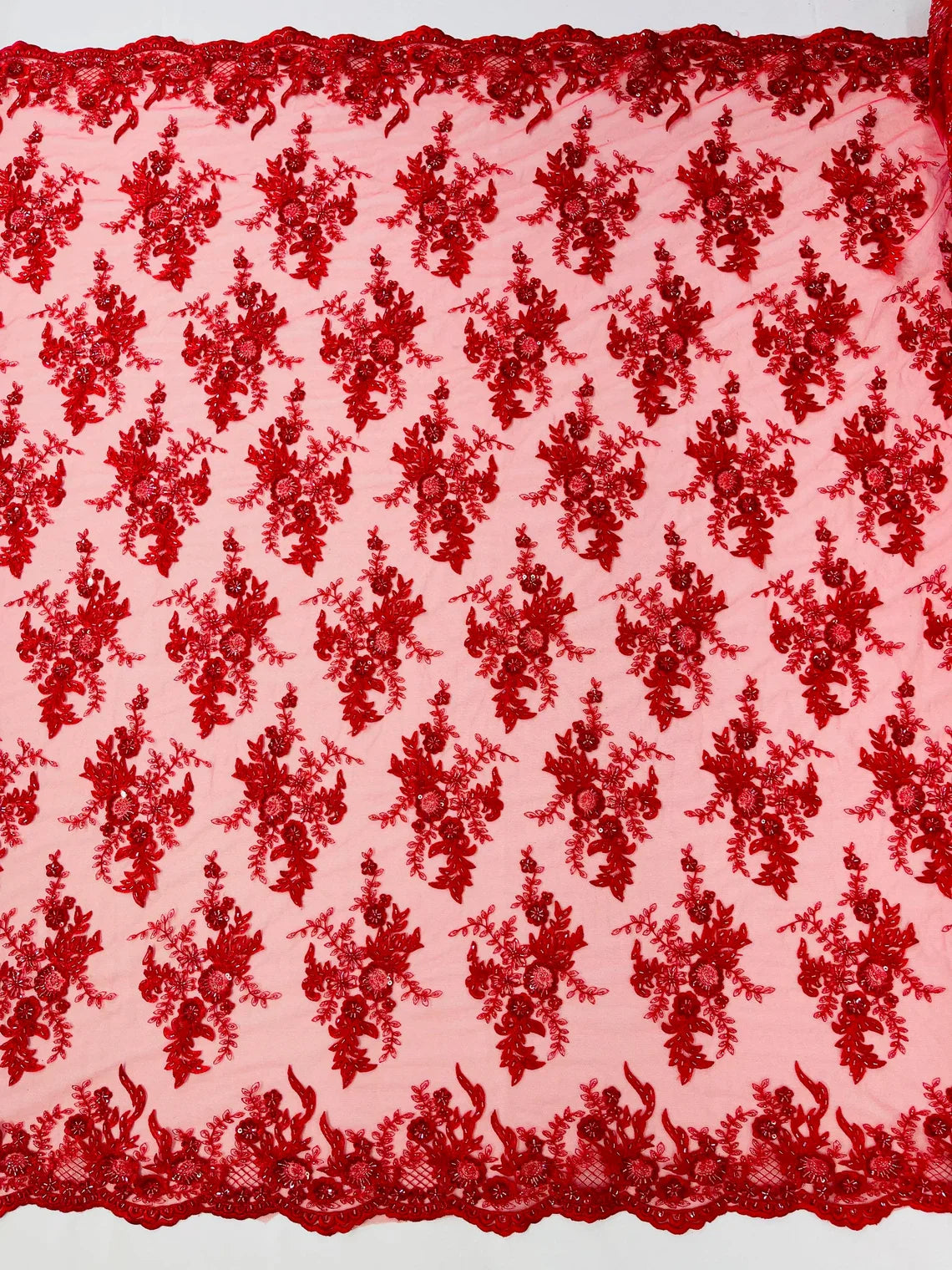 Beaded Flower Sequins Fabric - Red - Embroidered Beaded Floral Clusters Sequins Fabric By Yard