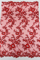 Two Tone Lace Floral Fabric - Red - Embroidered Flower Designs with Sequins on Lace Fabric Sold By Yard