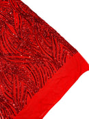 Curvy Line Design Fabric - Red - 4 Way Stretch Sequins Design Mesh Lace Fabric by Yard