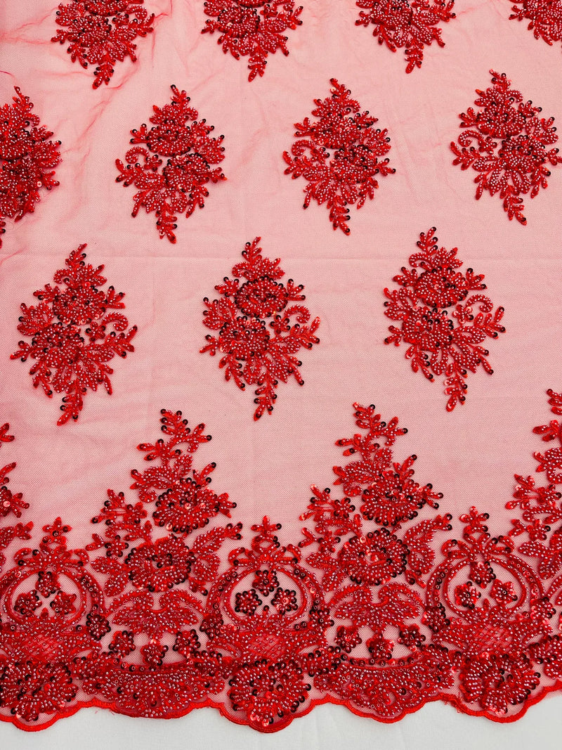 Heavy Beaded Floral Fabric - Red - Luxury Heavy Duty Bead Bridal Floral Cluster Lace Fabric by the yard