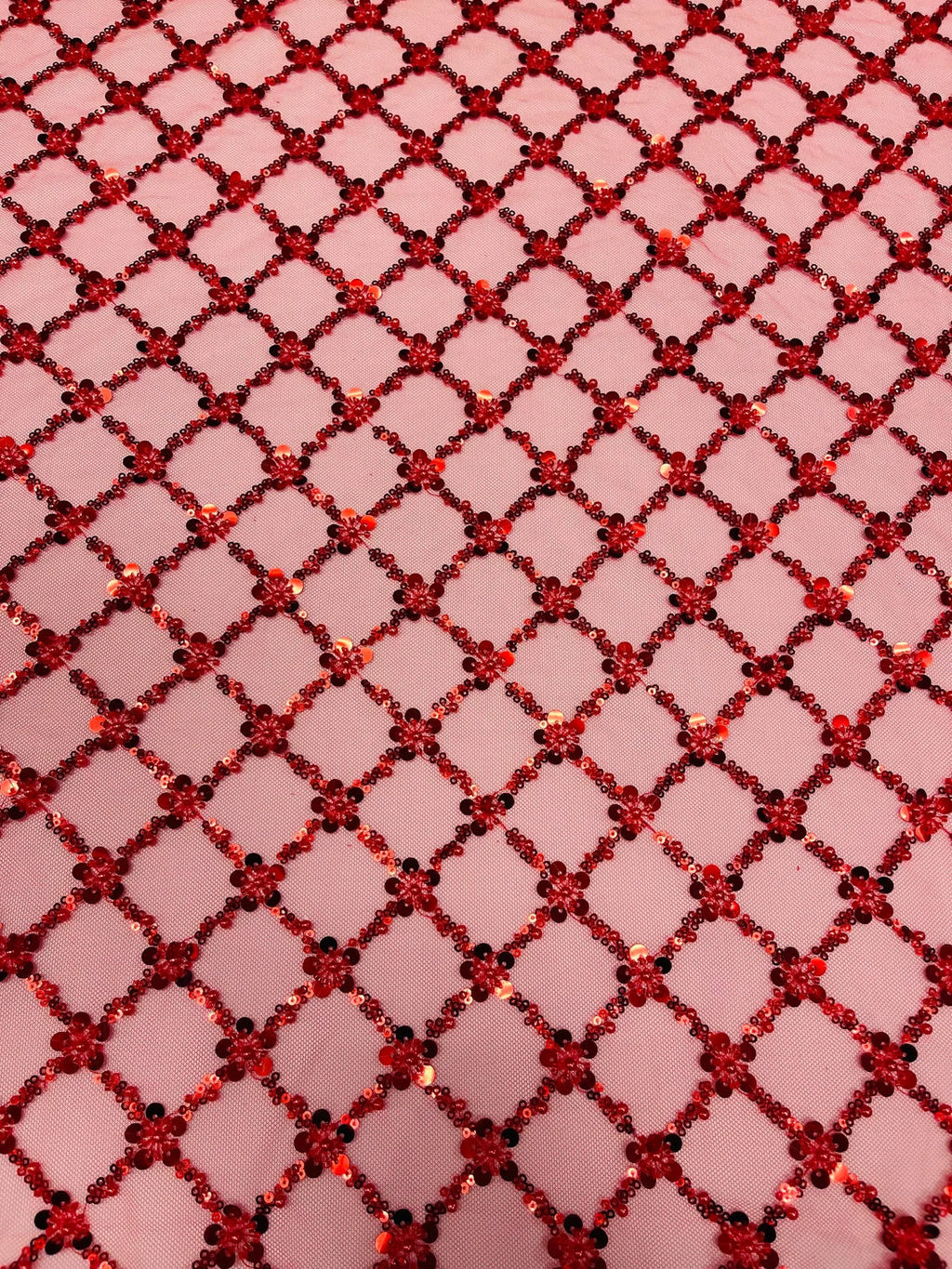 Beaded Diamond Net Fabric - Red - Embroidered Geometric Beaded Sequins Fabric Sold By Yard