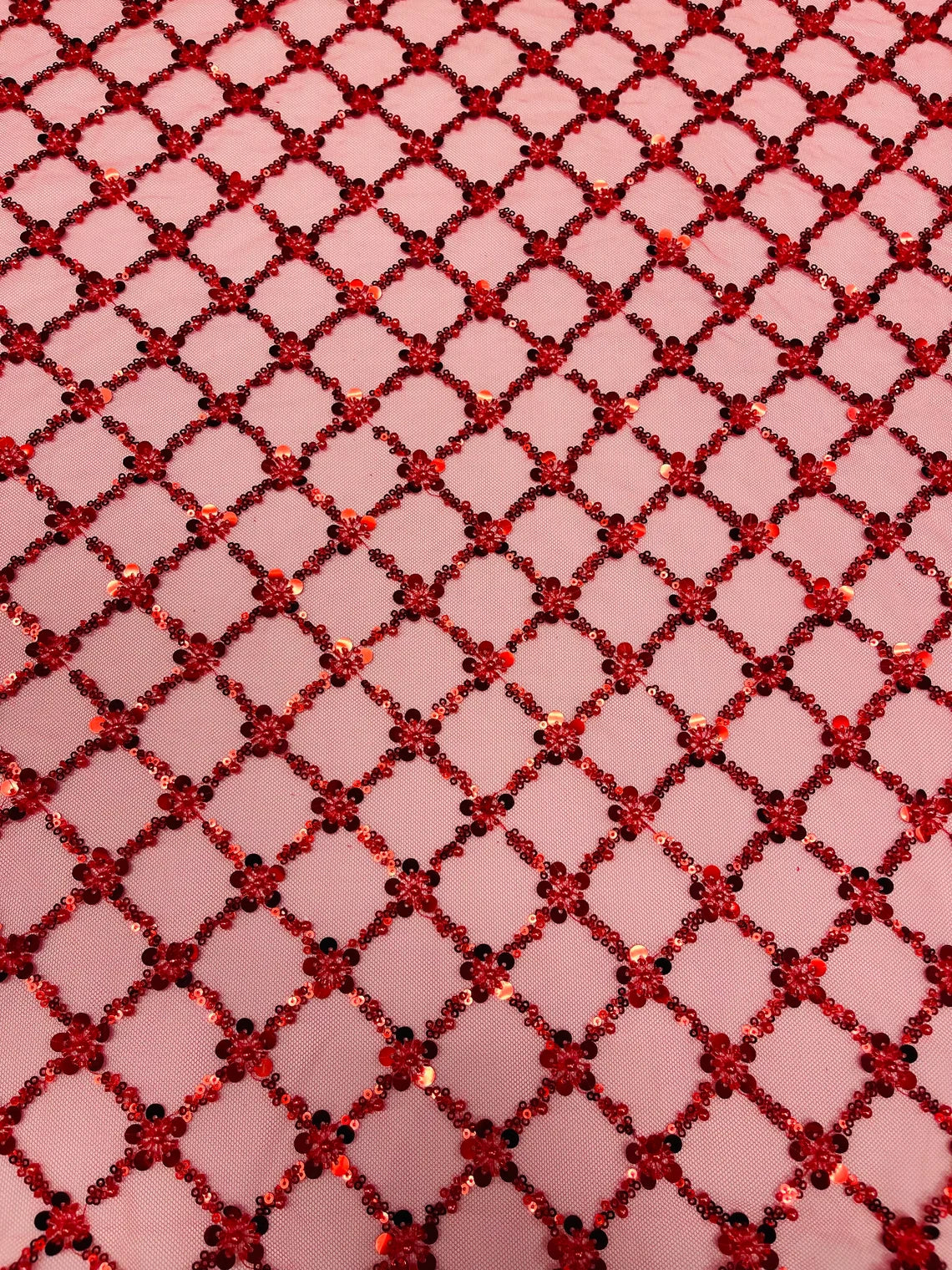 Beaded Diamond Net Fabric - Red - Embroidered Geometric Beaded Sequins Fabric Sold By Yard