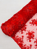 3D Flower Sequins Design - Red - Embroidered Pearl Sequins Floral Clusters Lace Fabric By Yard