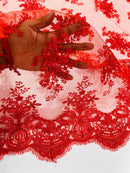 Floral Damask Lace Fabric - Red - Embroidered Damask Flowers on Lace Fabric By Yard
