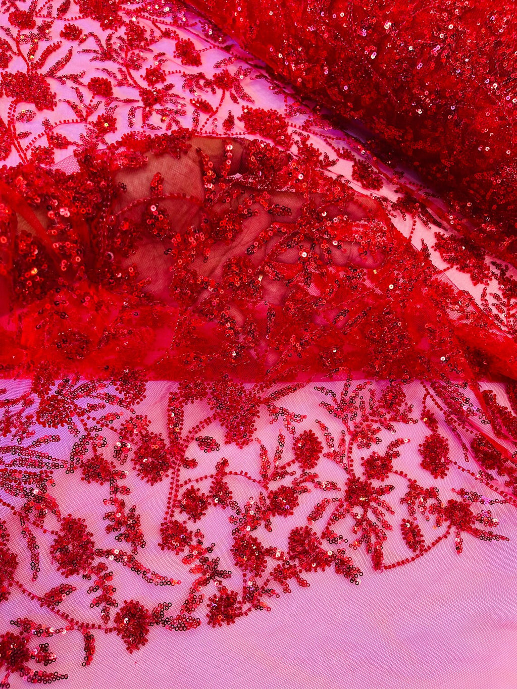 Beaded Floral Plant Design - Red - Embroidered Beaded Flower Plants Sequins Fabric By Yard