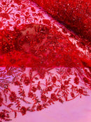 Beaded Floral Plant Design - Red - Embroidered Beaded Flower Plants Sequins Fabric By Yard