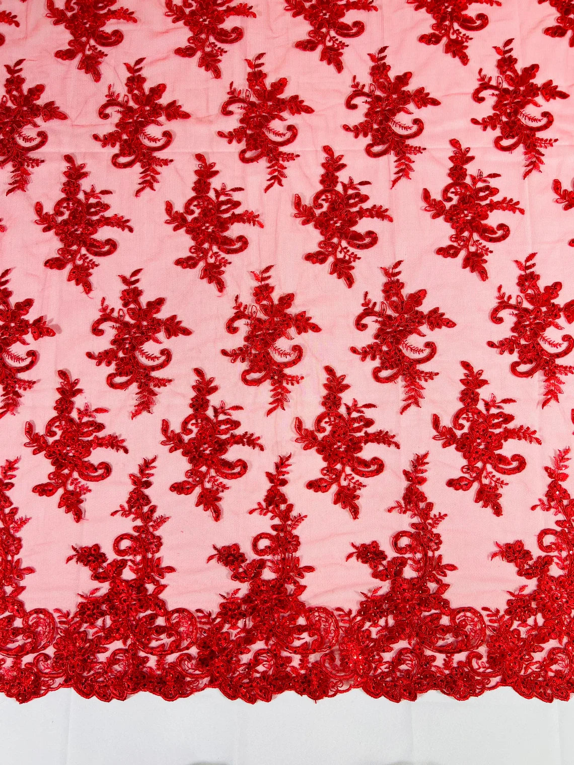 Lace Flower Cluster Fabric - Red - Embroidered Flower With Sequins on a Mesh Lace Fabric By Yard