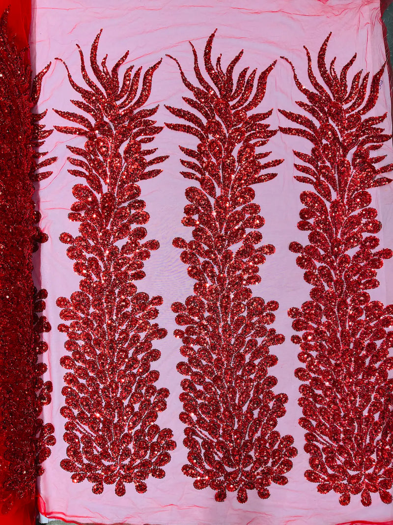 3D Beaded Peacock Feathers - Red - Sequins Embroidered Beaded Vegas Design On a Mesh Lace Fabric (Choose The Panels)