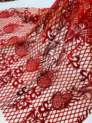Damask on Net Lace Fabric - Red - Embroidered Lace Mesh Damask Design Fabric by Yard