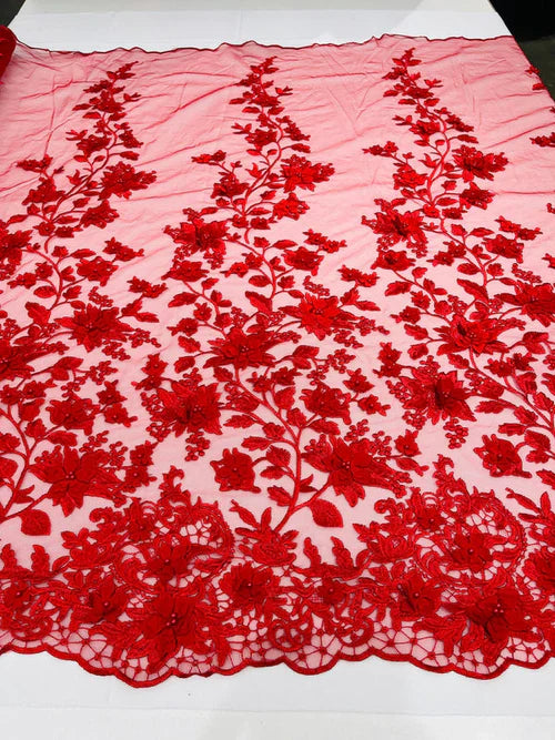 3D Pearl Floral Fabric - Floral Design Embroidered on Mesh Lace Fabric - 25 Yard Roll