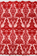 King Lace Pattern Fabric - Red - Embroidered Sequins on Lace Mesh Fabric By Yard