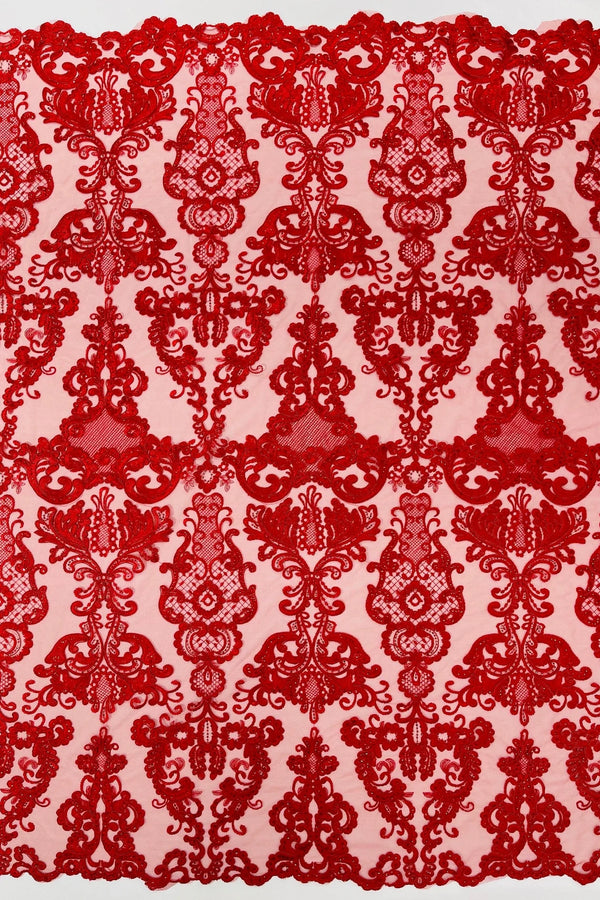 King Lace Pattern Fabric - Red - Embroidered Sequins on Lace Mesh Fabric By Yard