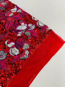 Orchid Design Sequins - Red - 4 Way Stretch Full Sequins Floral Design Mesh Fabric By Yard