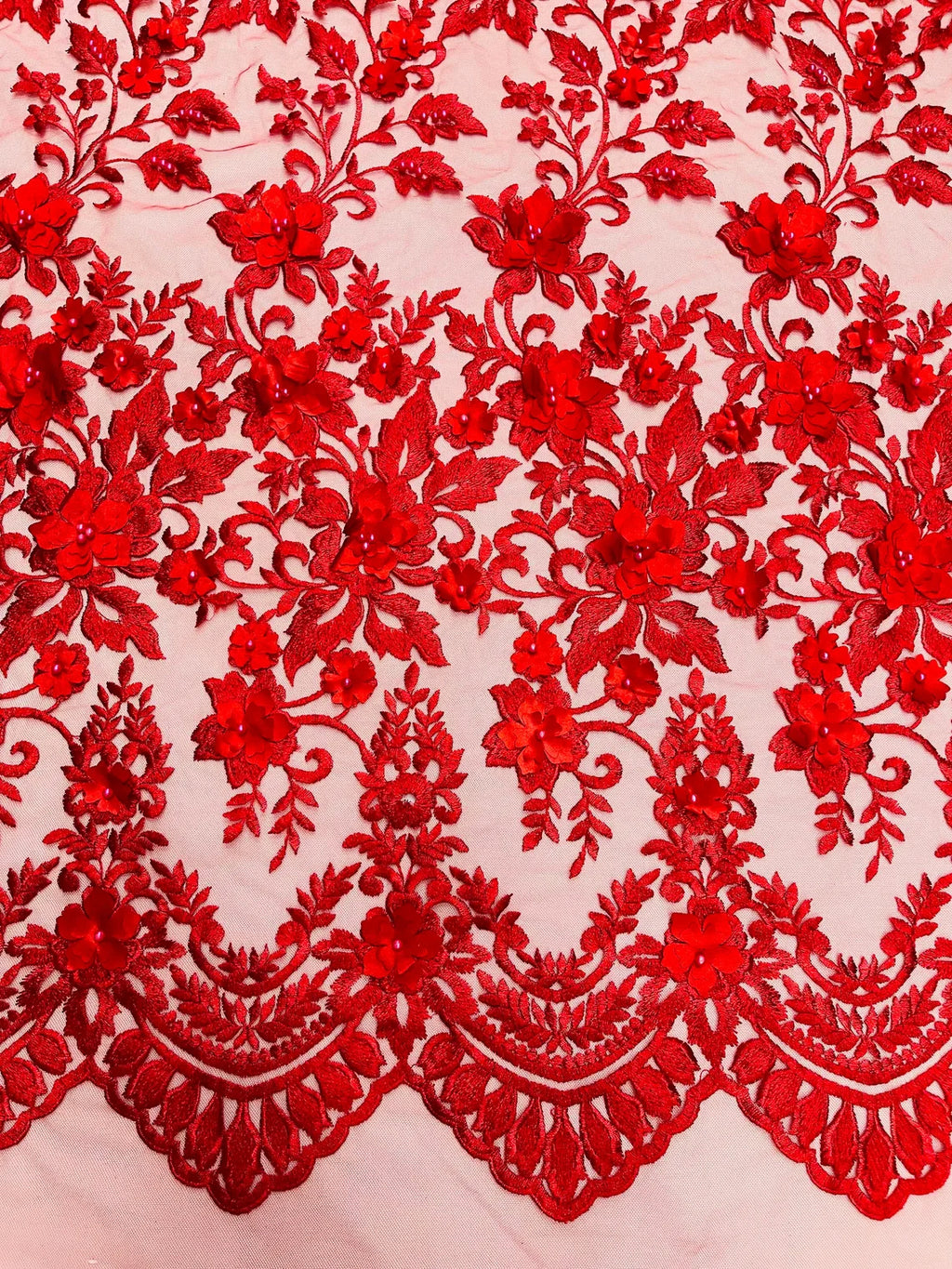 3D Scalloped Border Fabric - Red - 3D Flowers Embroidered on Lace Sold By Yard