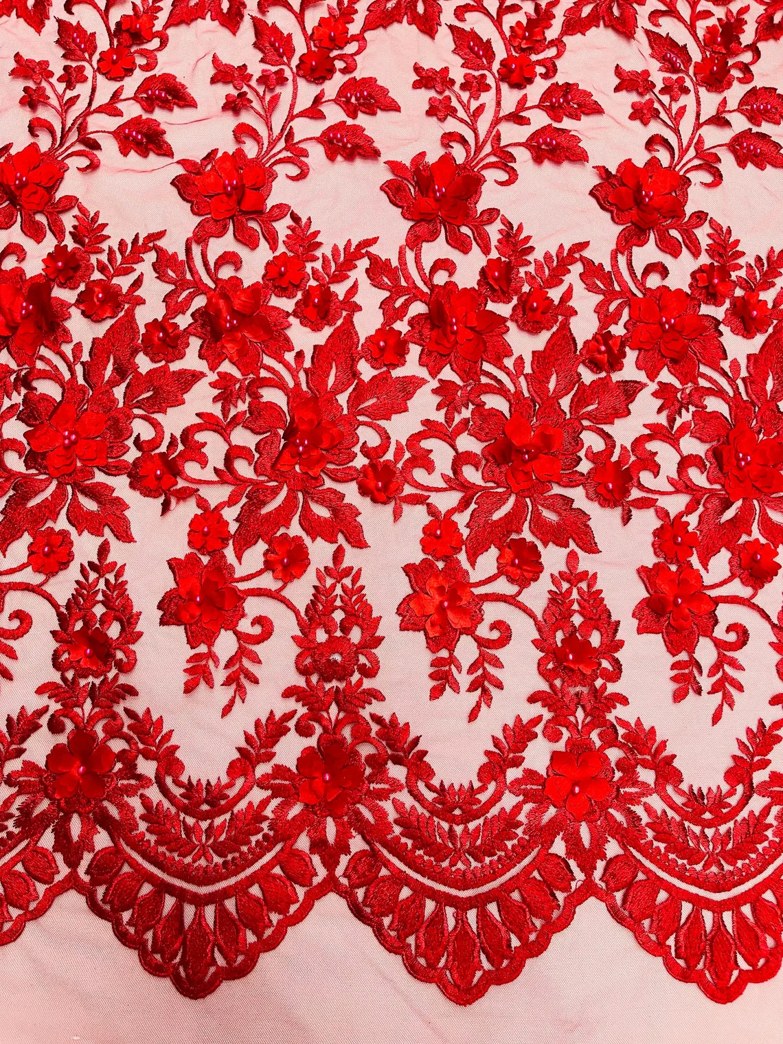 3D Scalloped Border Fabric - Red - 3D Flowers Embroidered on Lace Sold By Yard
