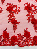 3D Flower Cluster Fabric - Red - 3D Flower Leaf Design Fabric with Pearls Sold By Yard