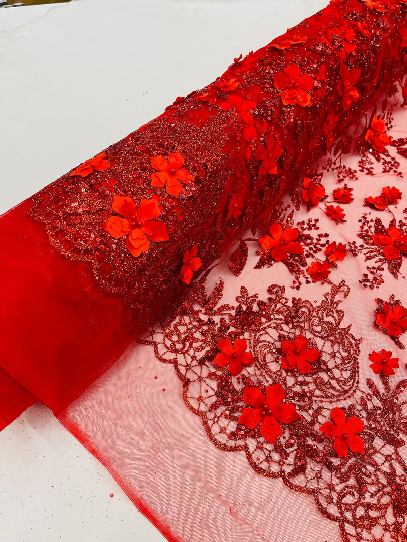 3D Flower Glitter Fabric - Red - Floral Glitter Sequin Design on Lace Mesh Fabric by Yard