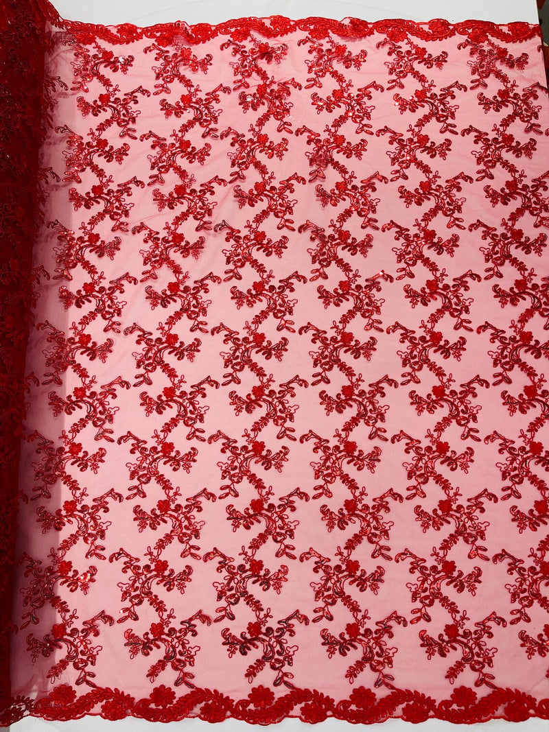 Floral Sequins Lace Fabric - Red - Embroidery Flower Clusters Design with Shiny Sequins  Fabric Sold By Yard