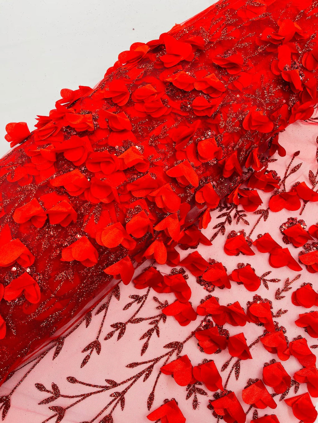 3D Flower Glitter Fabric - Red - Flower Design on Glitter Mesh Fabric Sold By Yard