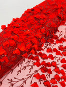 3D Flower Glitter Fabric - Red - Flower Design on Glitter Mesh Fabric Sold By Yard