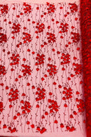 3D Glitter Floral Fabric - Red - 3D Flowers with Sequins and Glitter on Mesh Sold By Yard
