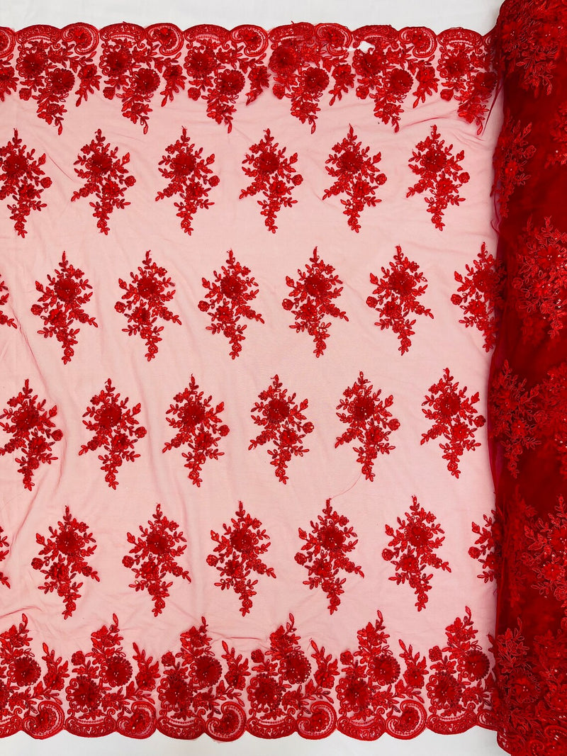 3D Floral Fabric with Floral Border - Red - Embroidered Floral Fabric with Sequin and Beads By Yard