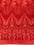 Zig Zag Design Sequins - Red - 4 Way Stretch Embroidered Zig Zag Sequins Lace Fabric By The Yard