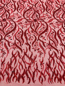 Wavy Leaf / Floral Bead Fabric - Red - Beaded Rhinestone Embroidered on a Mesh By Yard