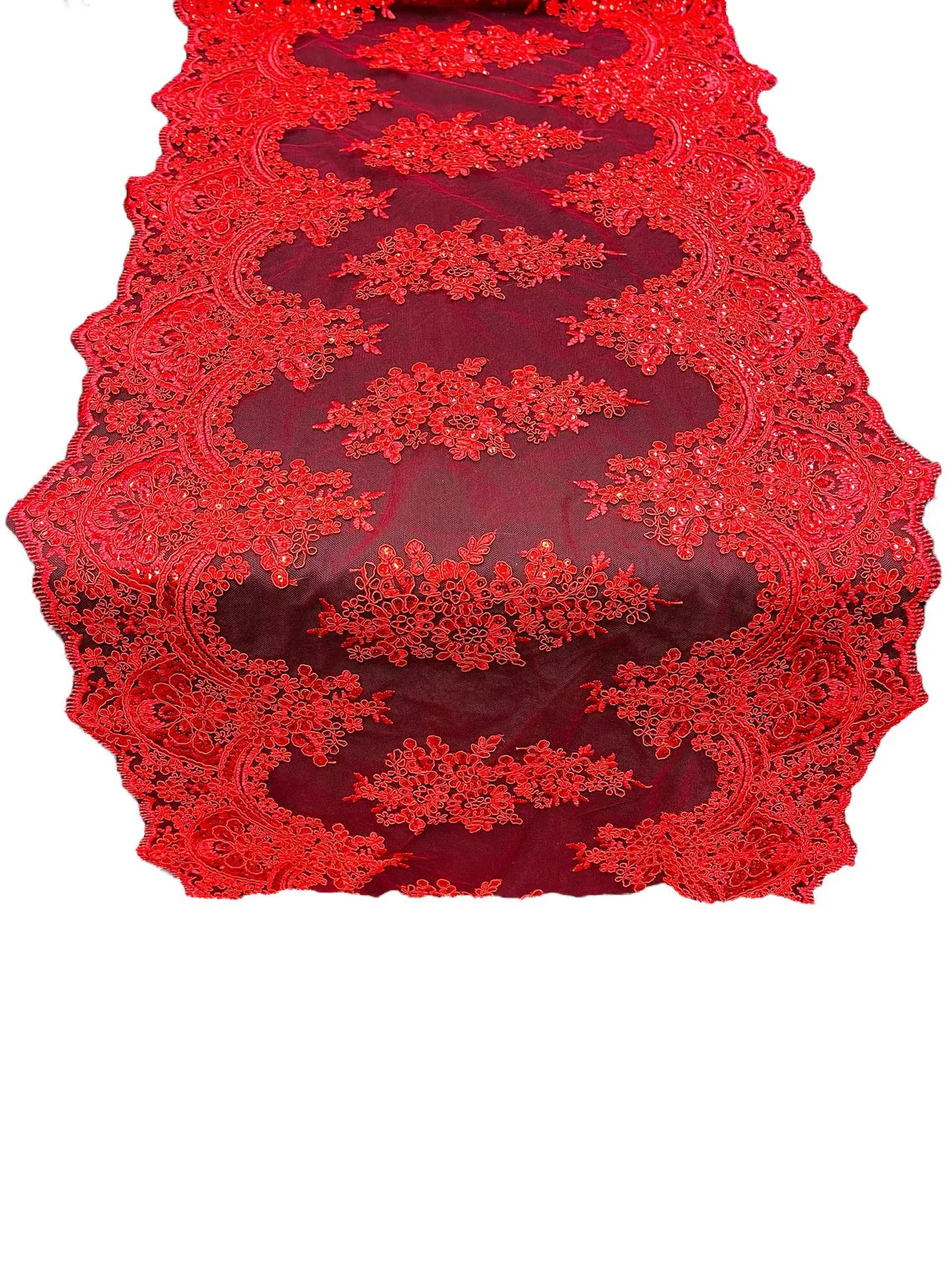21" Floral Lace Metallic Design Table Runner - Red - Floral Runner for Event Decor Sold By The Yard