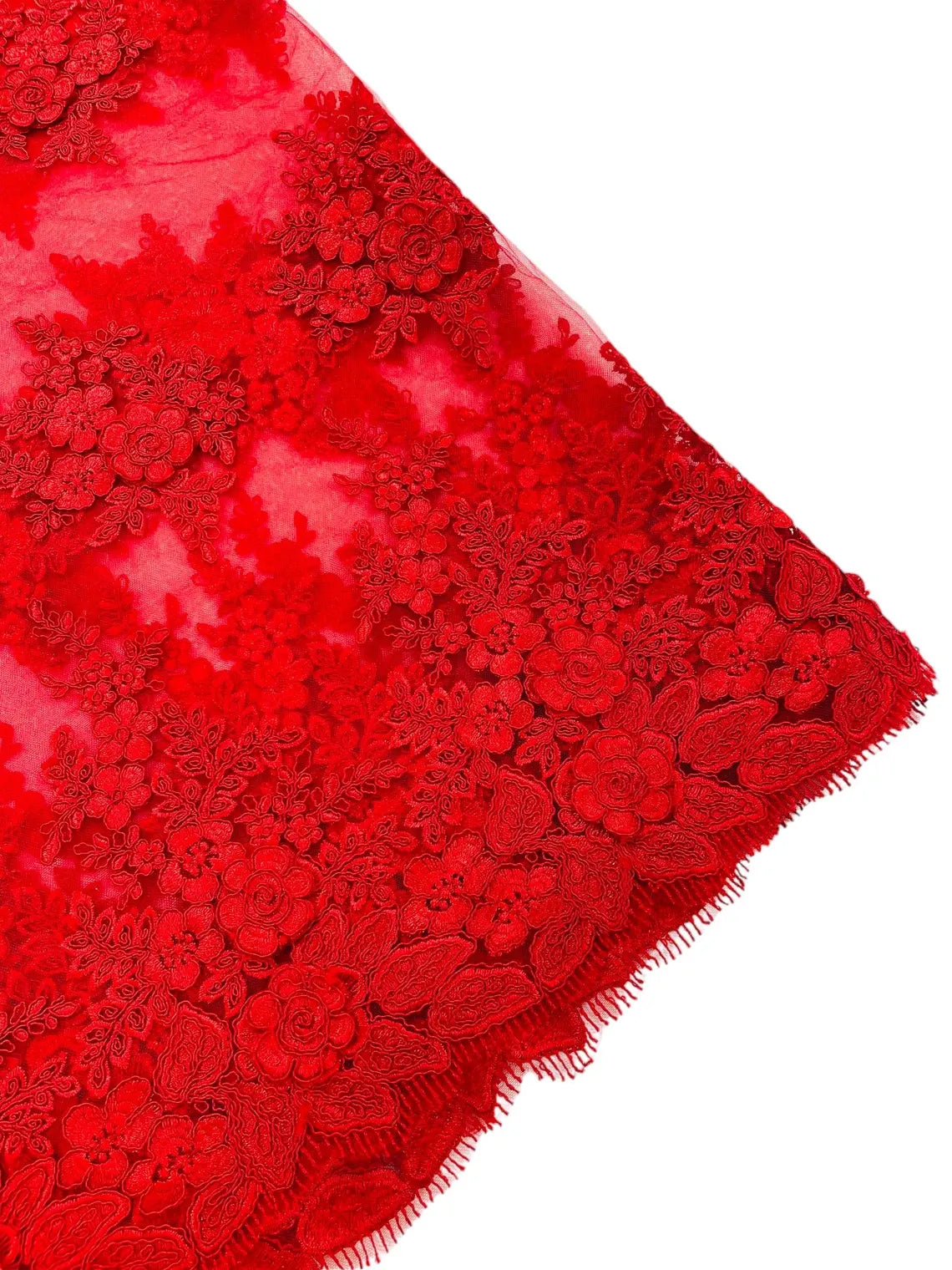 Corded Floral 3D Fabric - Red - Embroidered Floral Design on Lace Mesh Fabric by Yard